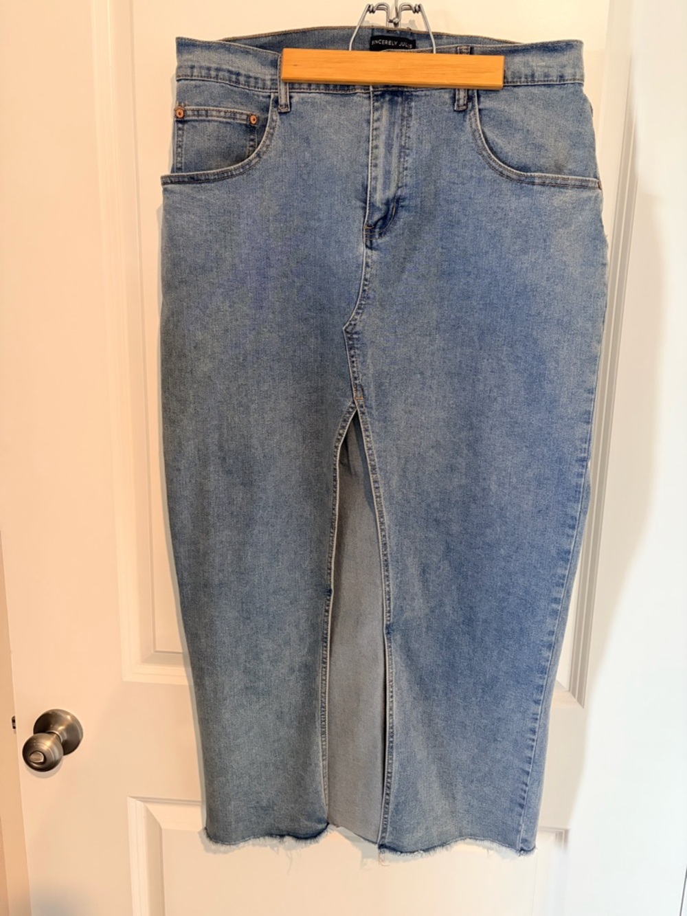 Sincerely Jules Light Blue Denim Midi Skirt with Front Slit